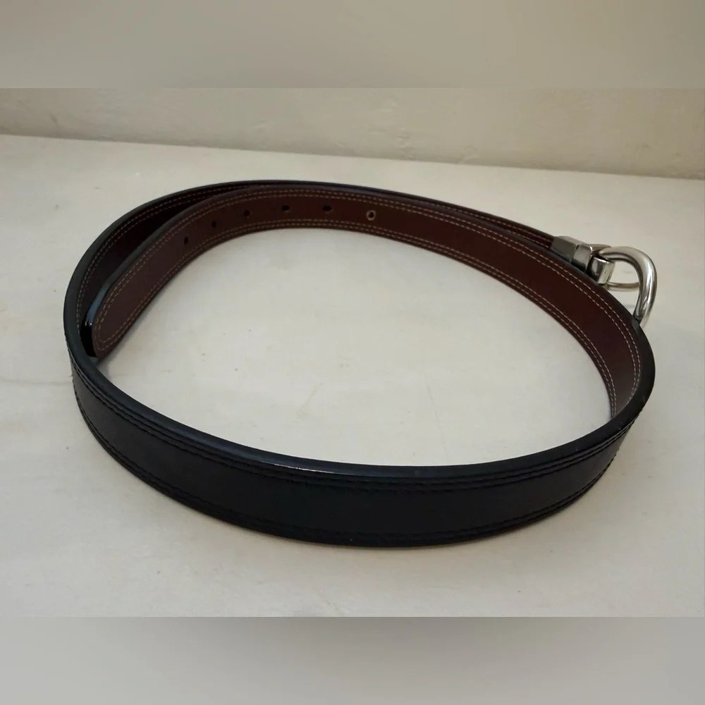 Fossil Men/Women Reversible Black Brown Leather Silver Metal Buckle 1